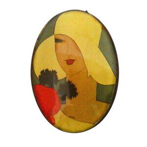 vtg Art Deco Lady laminated wood brooch pin